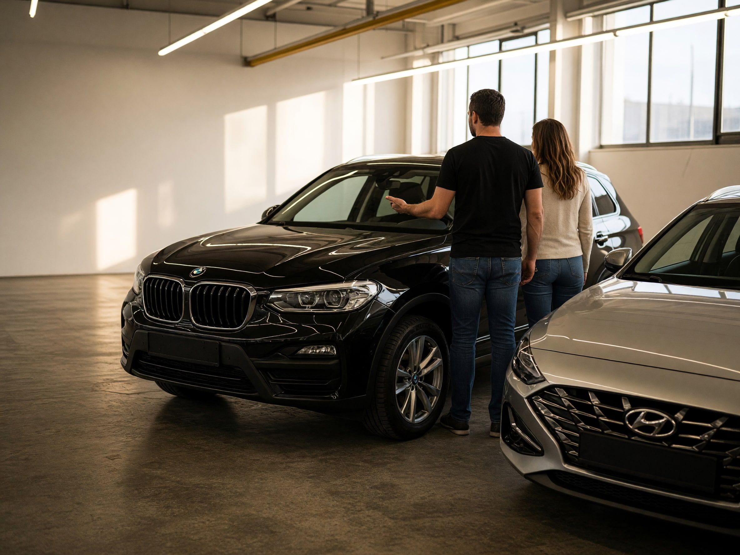 Beratungsgespräch an einem Fahrzeug im Showroom