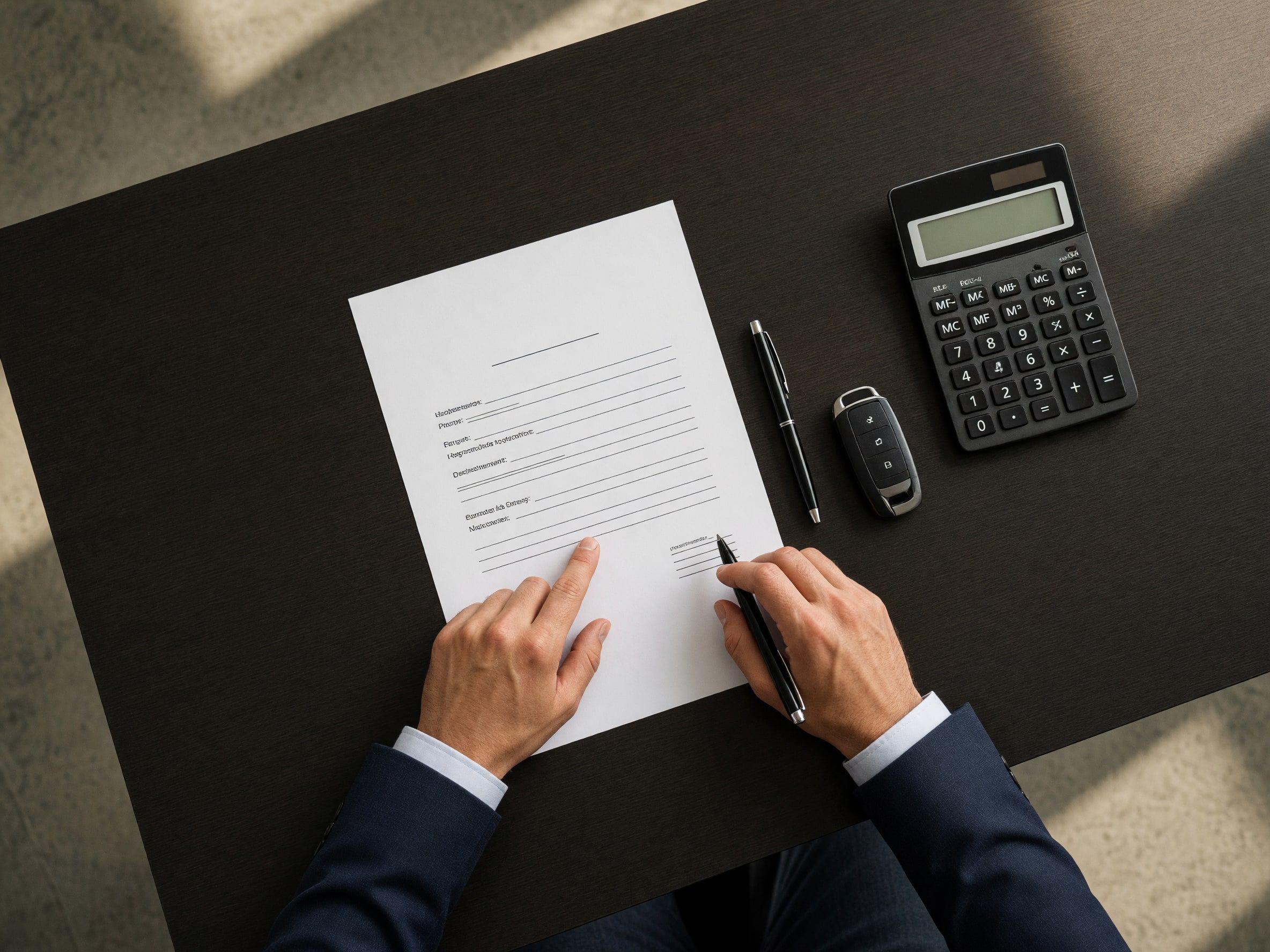 Finanzierungsunterlagen, Stift und Fahrzeugschlüssel auf dem Schreibtisch