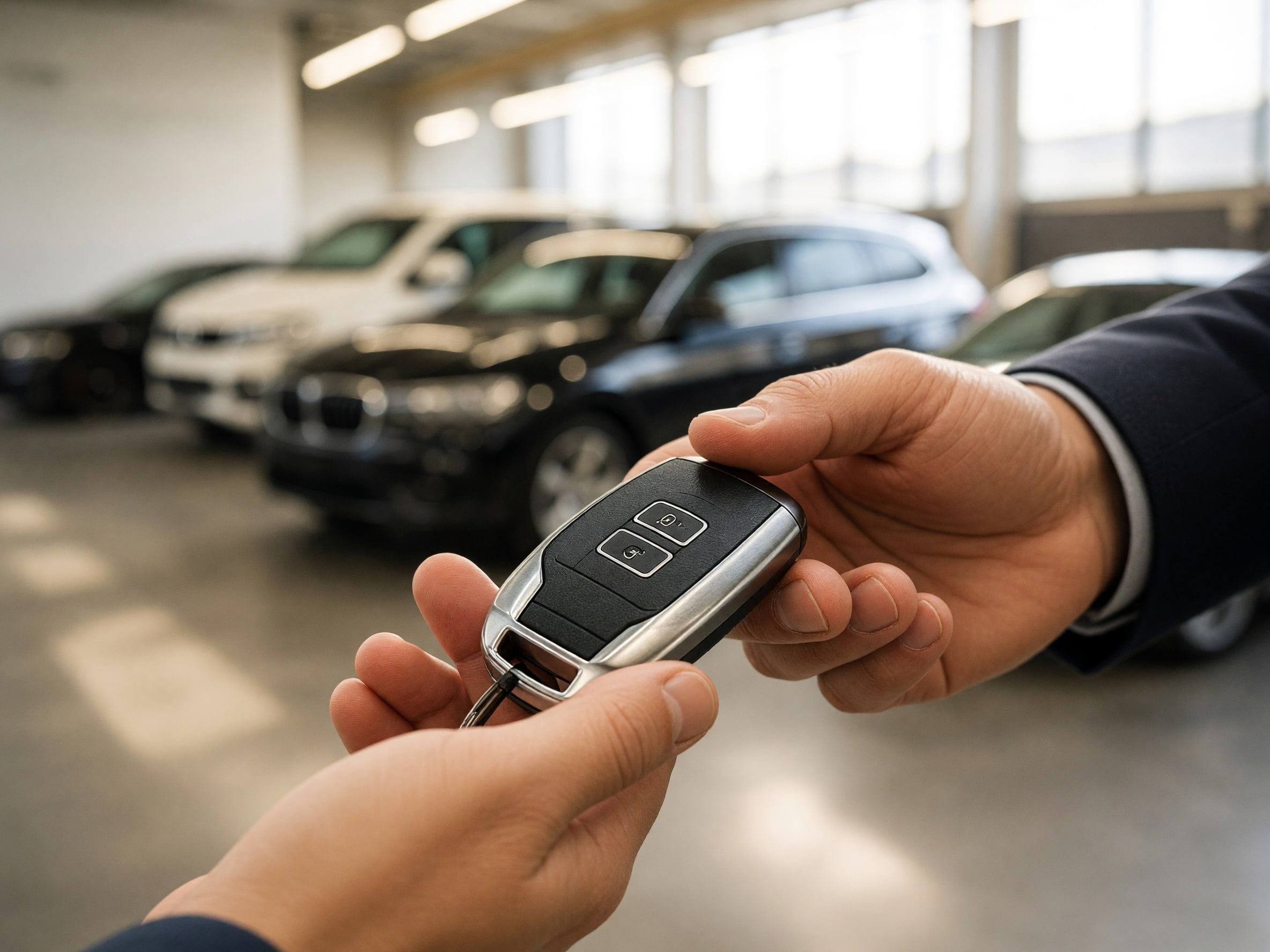 Übergabe eines Fahrzeugschlüssels im Showroom